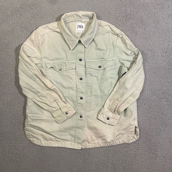 Zara Men’s Denim Jacket Button Up White and Mint Medium - Picture 1 of 7